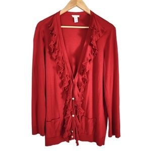 CHICO'S True Red Ruffle 1/2 Button CARDIGAN, Size XL (size 3)